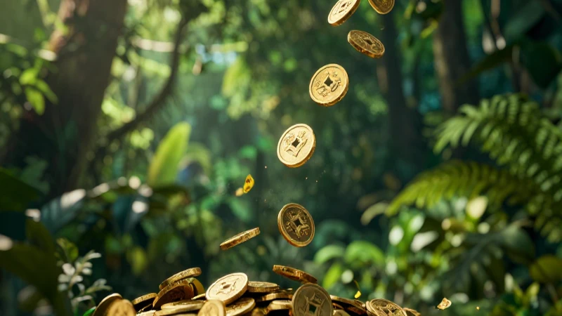 Monedas doradas antiguas brillan en la jungla