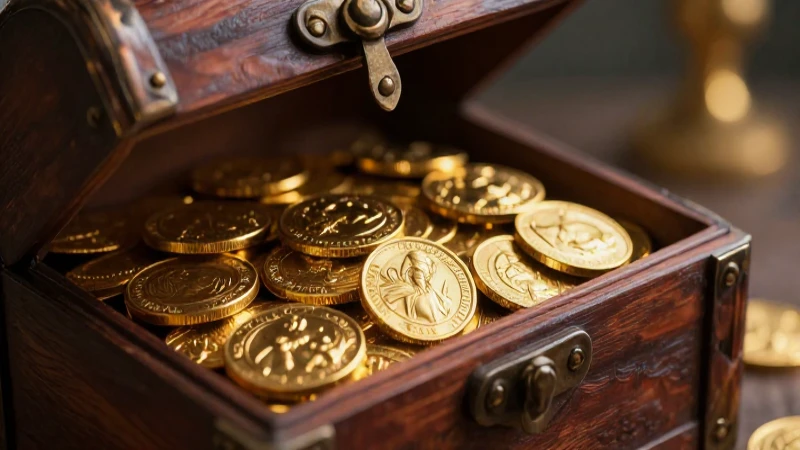 Por qué se llama tesoro y cuál es su origen 2 Cofre antiguo, monedas brillantes y estilo Art Nouveau