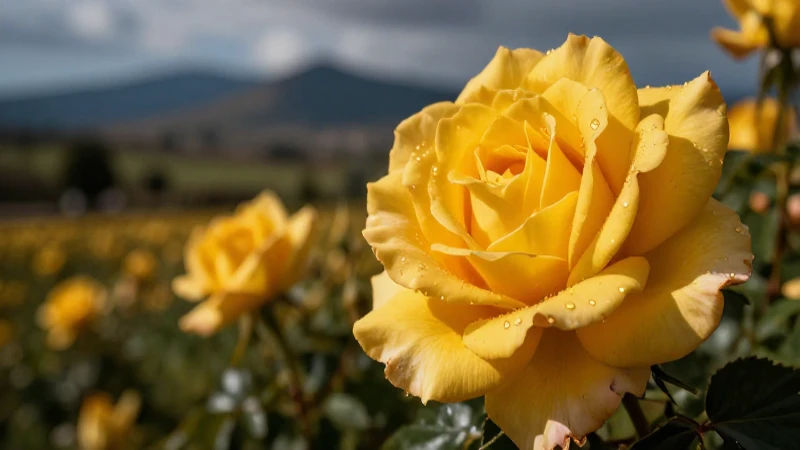 Rosa dorada destacada en paisaje mexicano