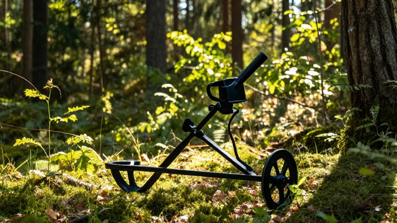 Detector metálico en bosque, luz cinematográfica