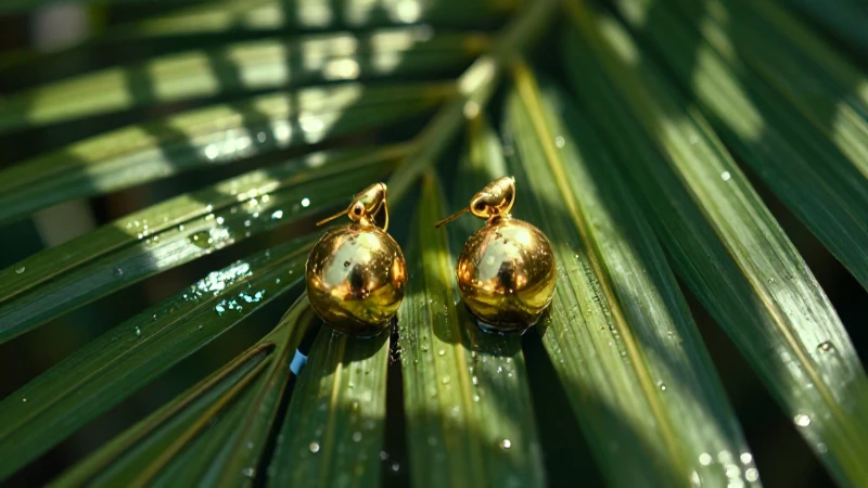 Aretes dorados resaltan en luz tropical vibrante