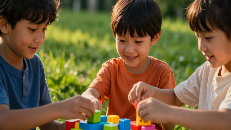 Niños felices jugando con juguetes en verde campo