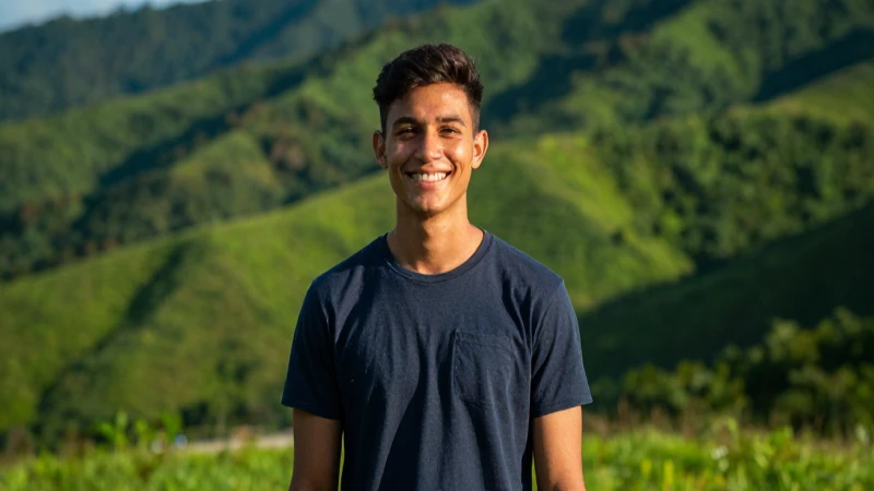 Joven sonríe en paisaje verde y esperanzador
