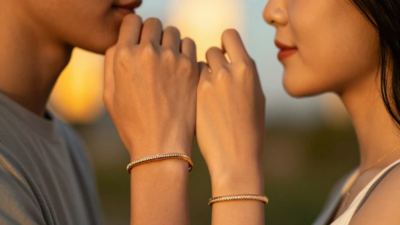 Pulseras a juego resaltan en cálida luz dorada