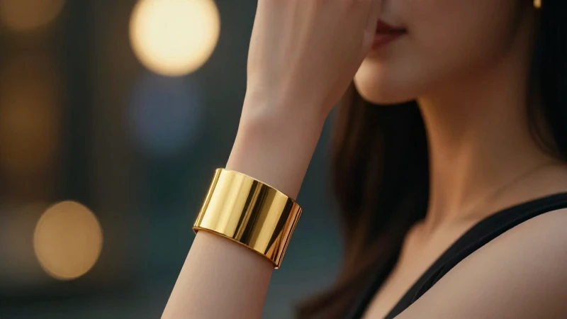 Mujer elegante con pulseras doradas en estudio