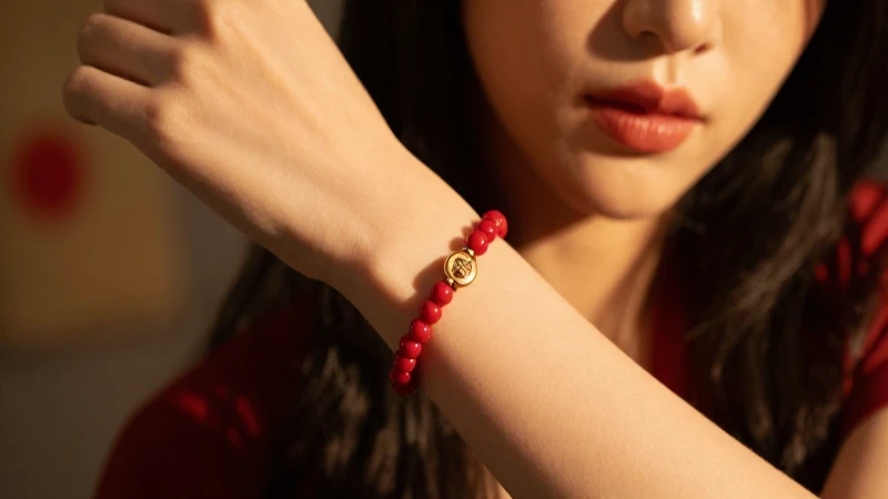 Retrato femenino con pulsera roja y estilo elegante