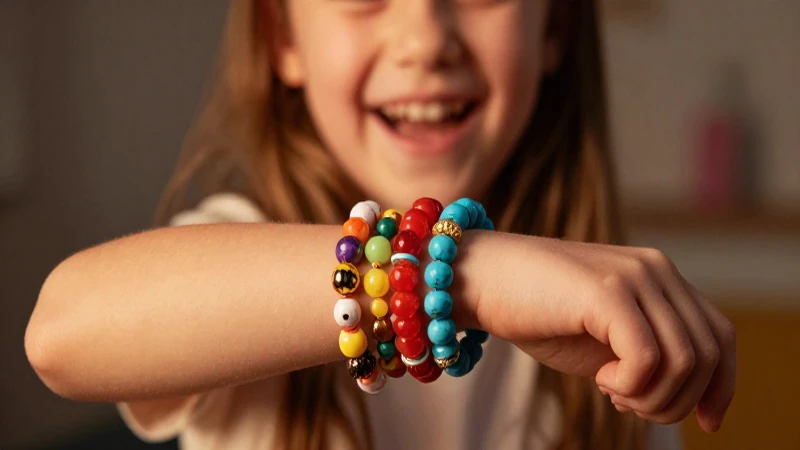 Niña feliz con pulseras vibrantes y fondo difuso
