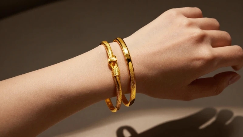 Pulseras doradas resplandecen en mano femenina