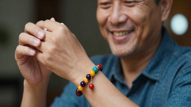 Padre sonríe con pulsera artesanal cálidamente