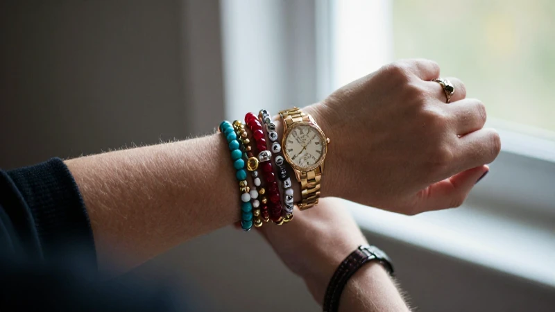 Manos con pulseras y reloj en luz suave