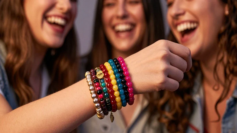 Amigas riendo, pulseras vibrantes y luz cálida