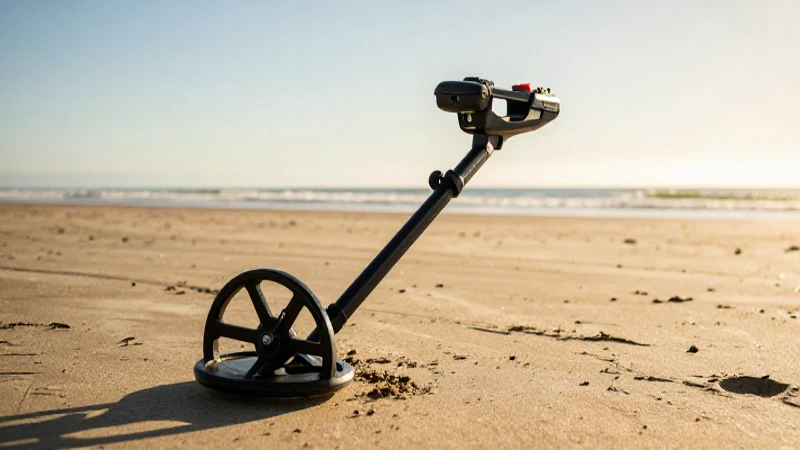 Detector Garrett en playa, luz dorada vibrante