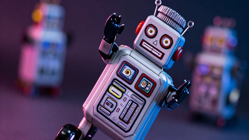Robot vintage en foco y luz cinematográfica