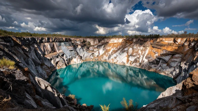 Paisaje minero mexicano con agua turquesa