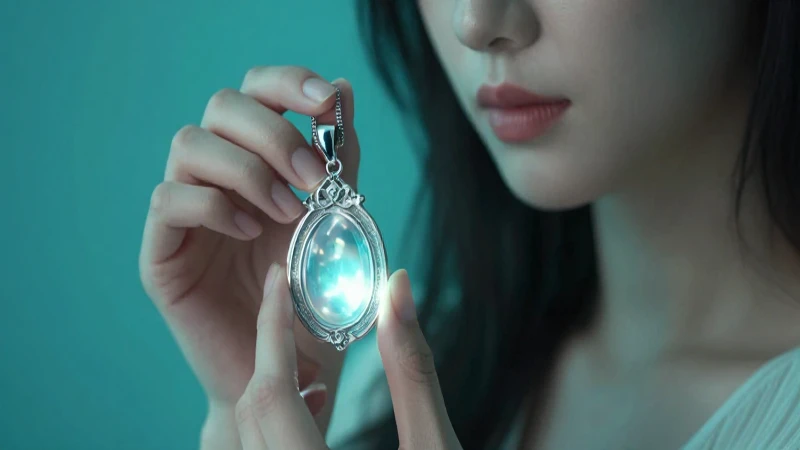 Mujer lleva colgante plateado con luz suave