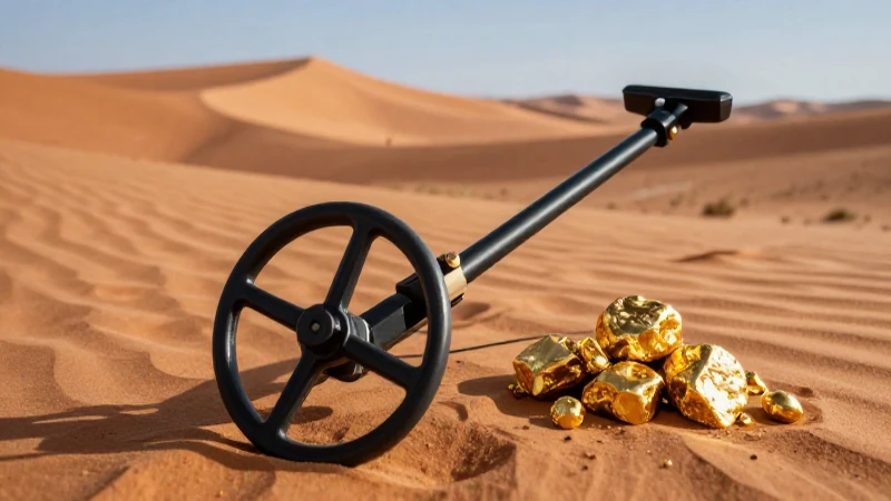 Pepitas de oro en vasto paisaje desértico