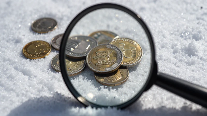 Monedas antiguas destacadas en nieve, detalle ampliado