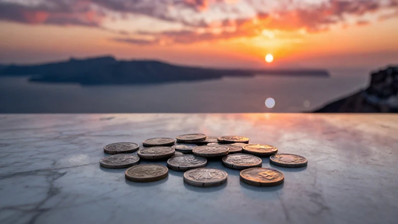 Monedas griegas antiguas bajo atardecer dramático