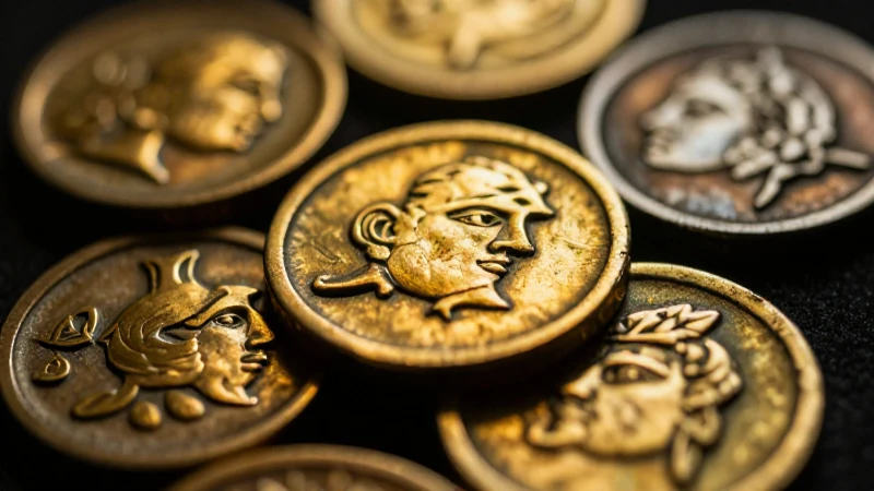 Monedas antiguas resplandecen con detalle artístico