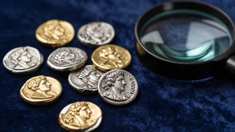 Monedas antiguas resplandecen bajo luz cinematográfica