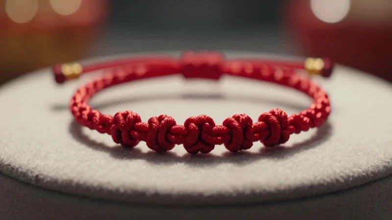 Pulsera roja trenzada con bokeh cálido