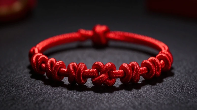 Pulsera roja destaca en primer plano intenso