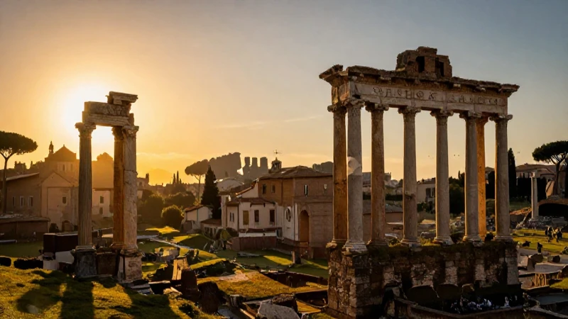Paisaje italiano con ruinas al atardecer