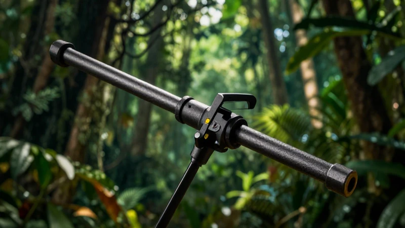 Detector metálico en selva tropical con luz dramática