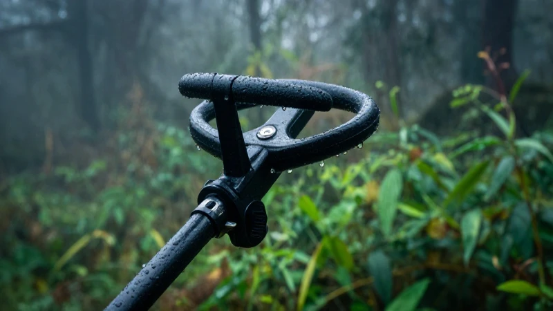 Imagen dramática: metal detector en verde bosque