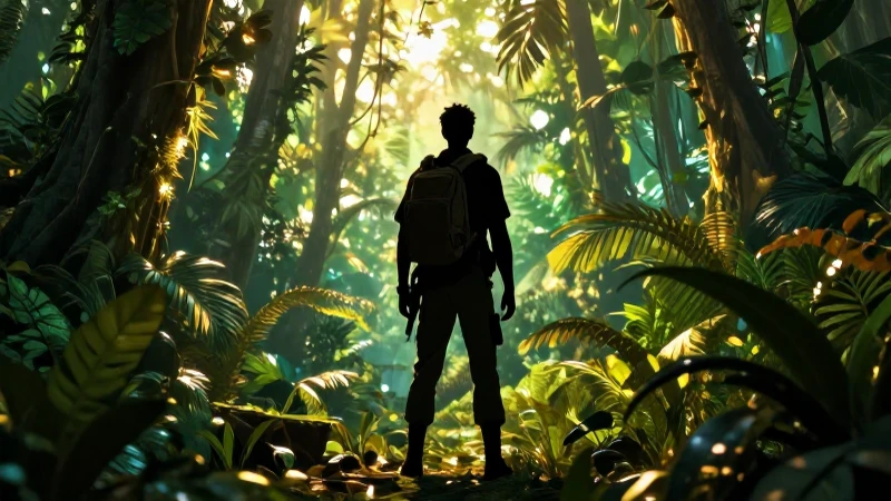 Buscador en selva, aventura cinematográfica vibrante