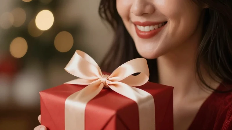 Mujer sonríe con regalo elegante y cálido