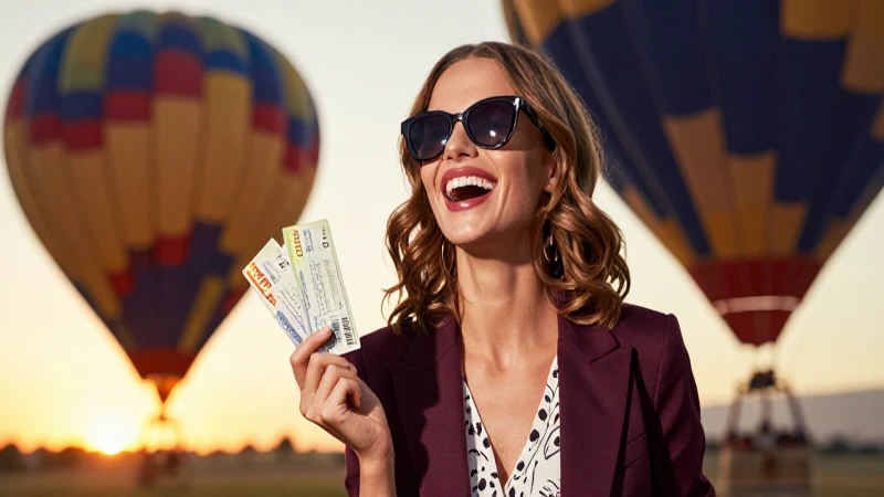 Mujer elegante ríe con boletos aéreos