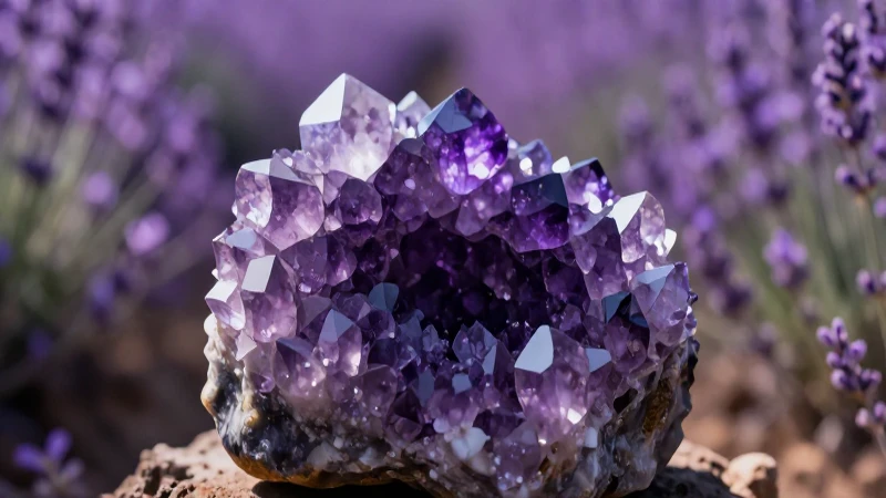Cuándo y cómo usar el cuarzo morado: guía sobre la amatista 4 Clúster amatista en campos lavanda púrpura vibrante