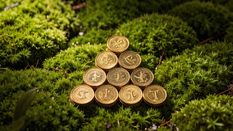Monedas doradas en musgo, iluminación cinematográfica