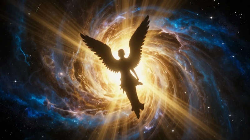Angél en cielo dorado y azul