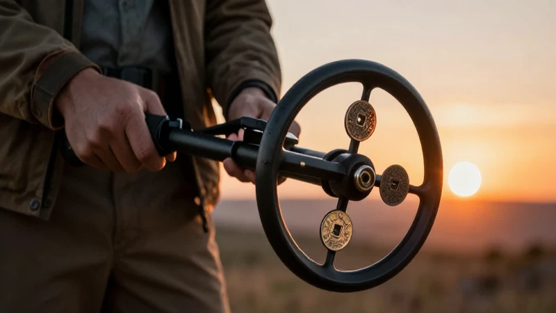 Cazador de tesoros hallando monedas antiguas al atardecer