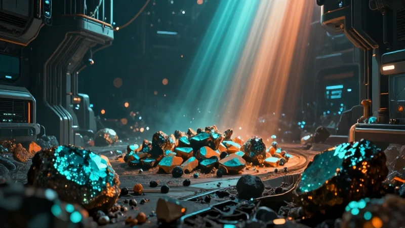 Minería futurista con luz impactante y colores vibrantes