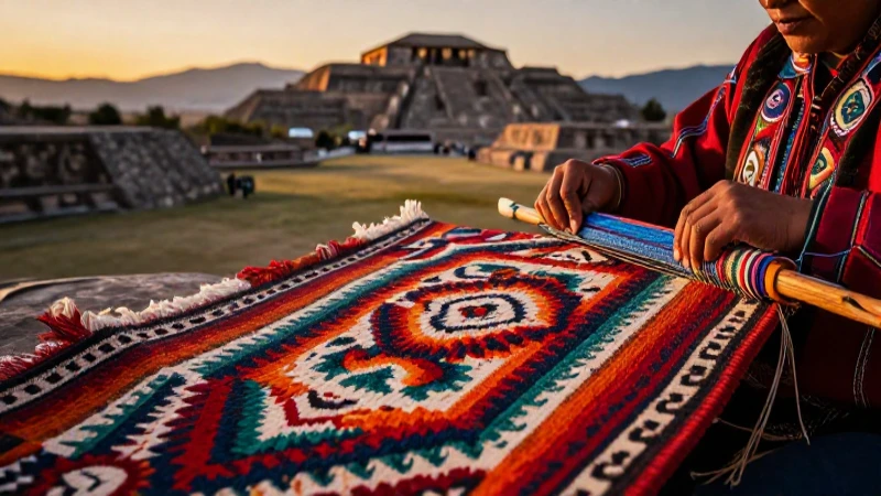 Alfombra zapoteca oaxaqueña en luz dorada