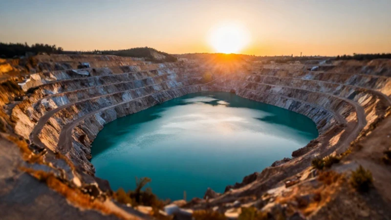 Espectacular mina al atardecer con lago turquesa