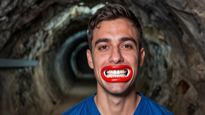 Minero con protección dental en primer plano