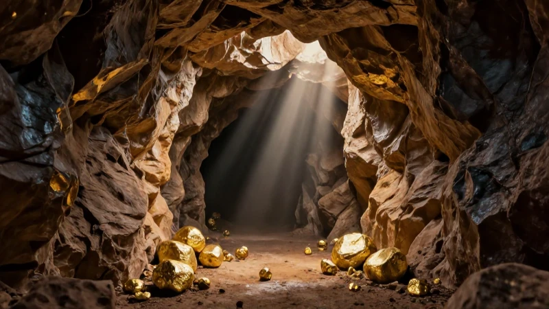 Entrada minera antigua, oro y luz dramática