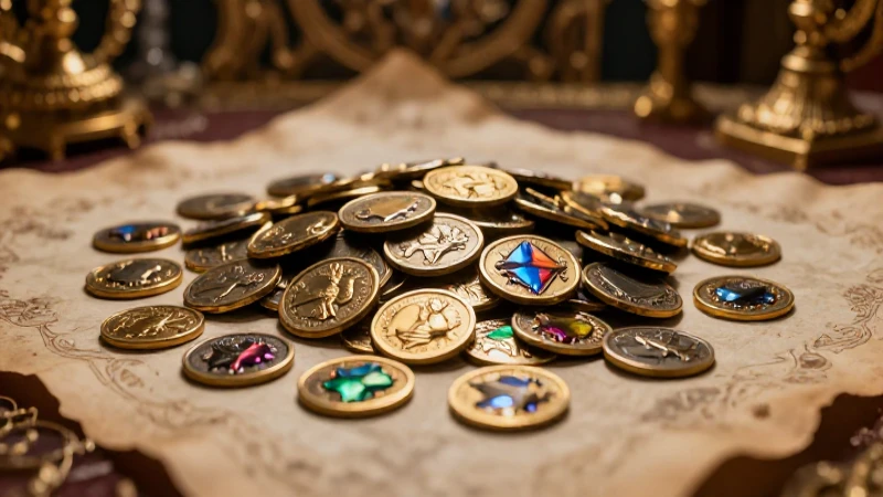 Monedas antiguas resaltan sobre fondo barroco opulento
