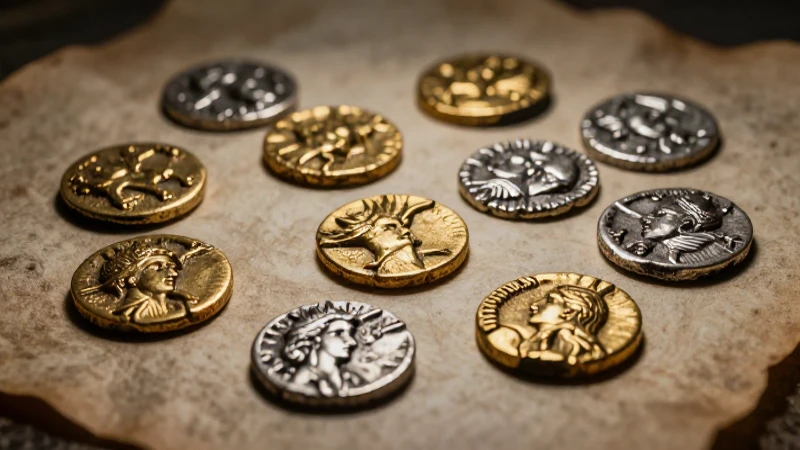 Monedas antiguas resplandecen sobre pergamino antiguo