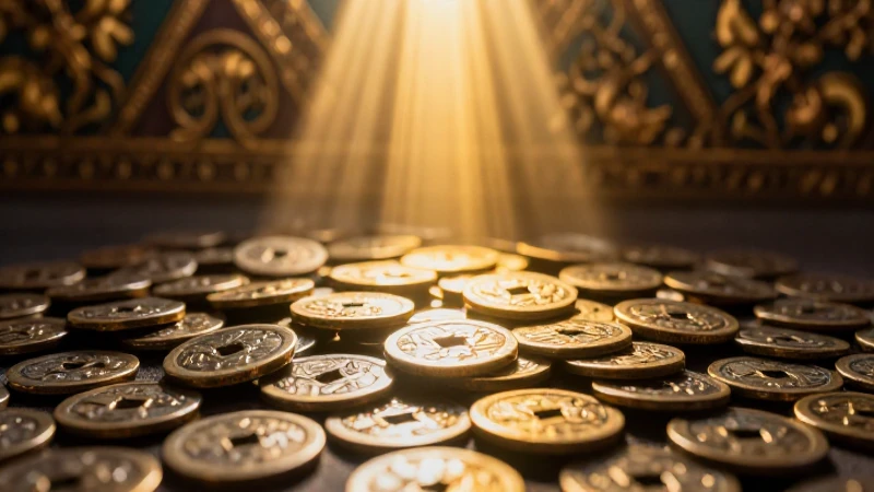 Monedas antiguas brillan en luz dorada
