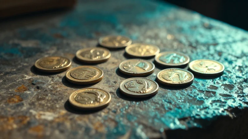 Monedas antiguas en piedra, iluminación dramática