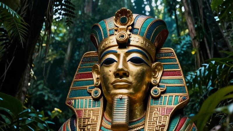 Máscara azteca dorada en jungla vibrante
