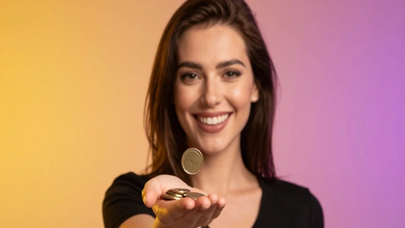 Mujer sonríe optimista tomando monedas