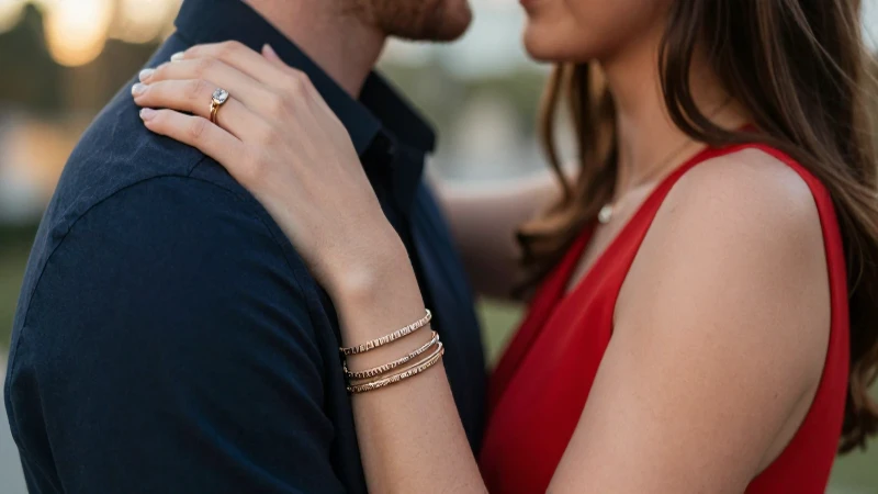 Pareja abrazada, joyería destacada, cálido y elegante