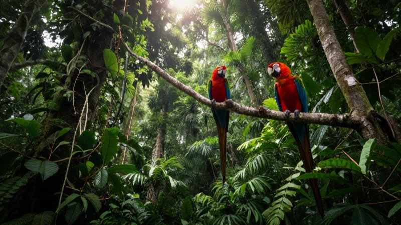 Rancho El Cielo: Primer reporte de conservación de First Majestic 6 Guacamayo en selva vibrante, iluminación dramática