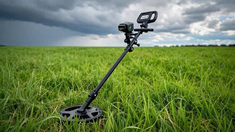 Detectorista en campo verde con luz cinematográfica
